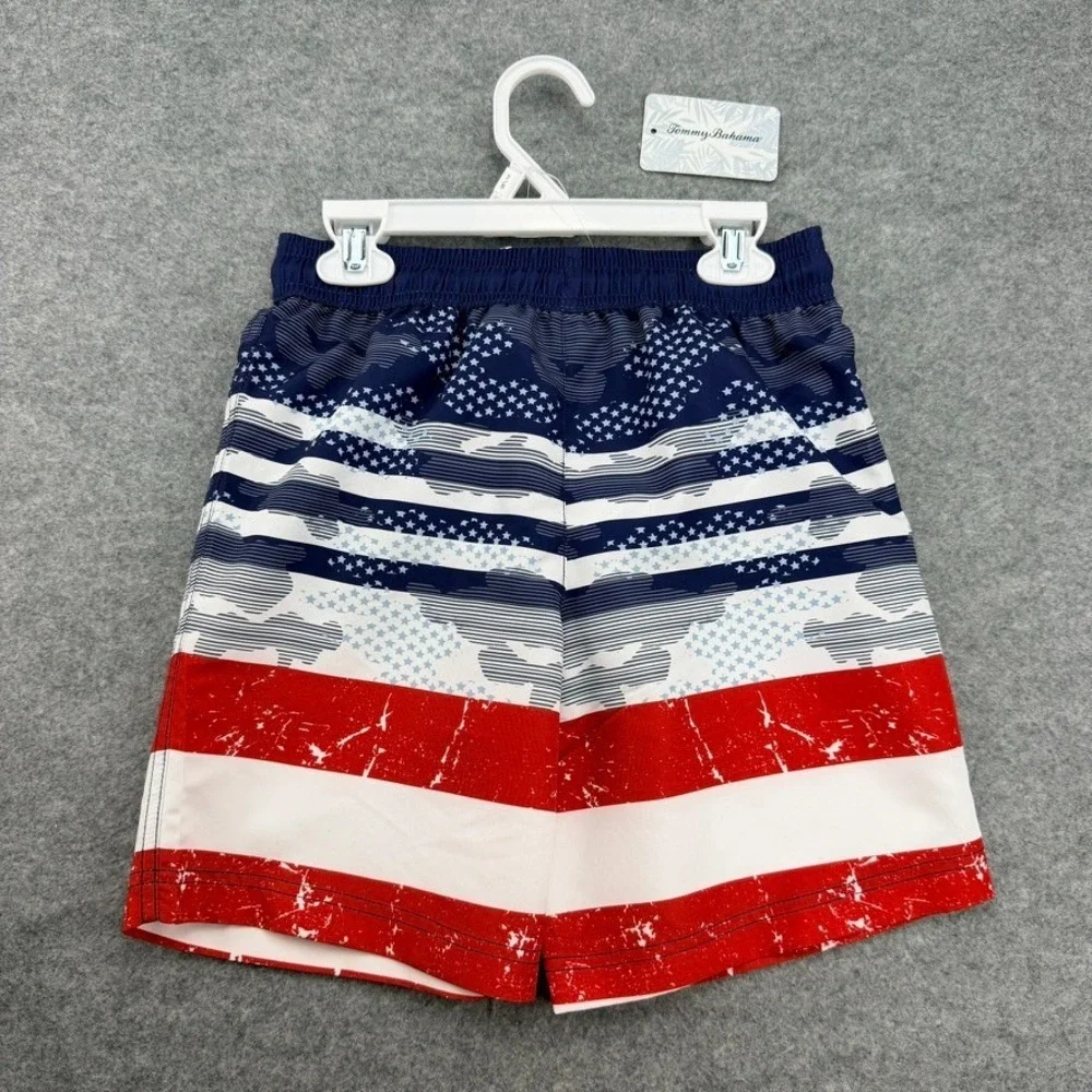 Tommy Bahama Boys M 7/8 American Flag Swim Trunks UPF 50 Red White Blue NWT